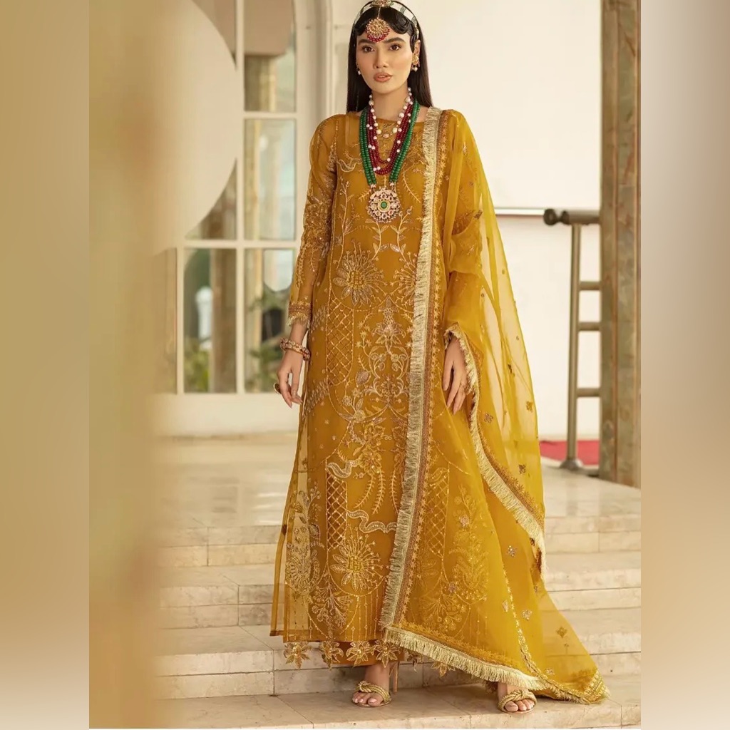 Mustard Embroidered Long Sleeve Women's Dress With Dupatta